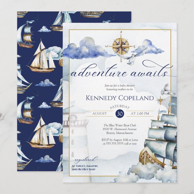 Invitation Nautique Bateau Nouvelle Aventure Baby shower Dans (Devant / Derrière)