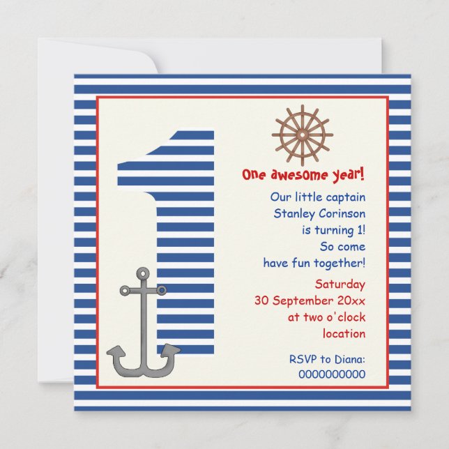 Invitation Nautique bleu, voilier blanc 1ère fête d'anniversa (Devant)