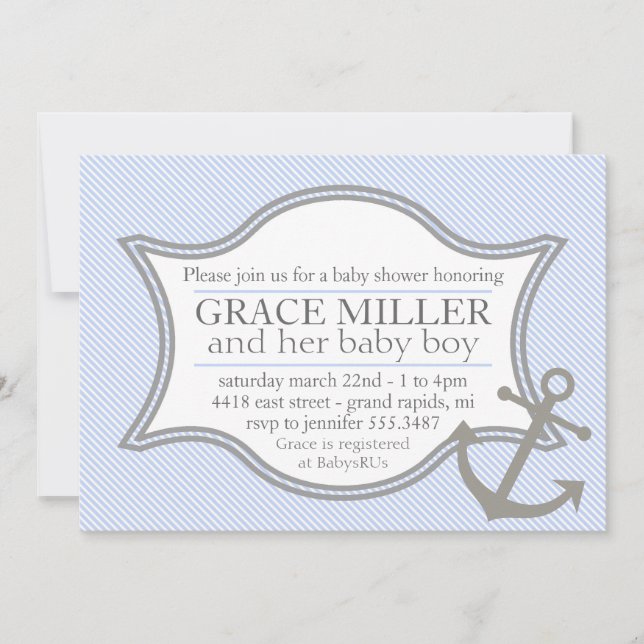 Invitation nautique de baby shower bleu-clair et (Devant)