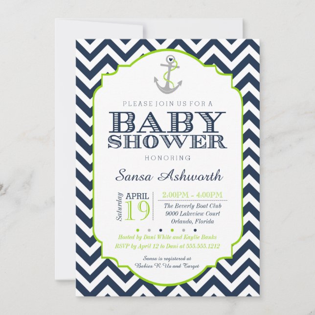 Invitation nautique de baby shower, bleu de chaux (Devant)