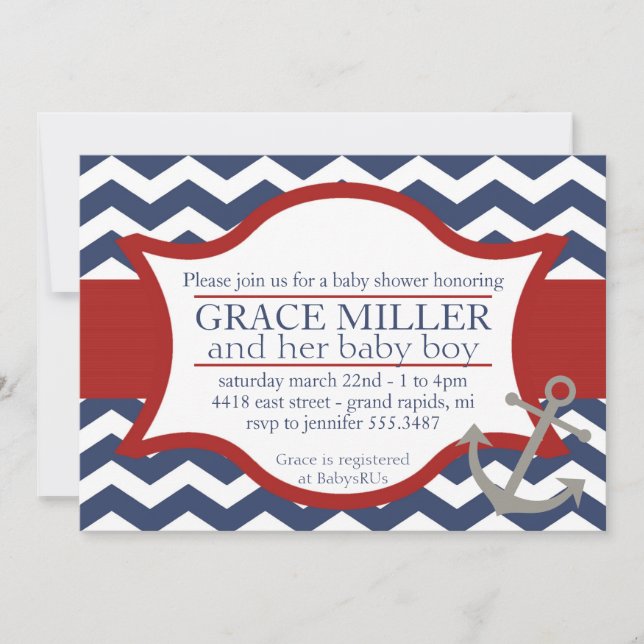 Invitation nautique de baby shower. Bleu marine et (Devant)