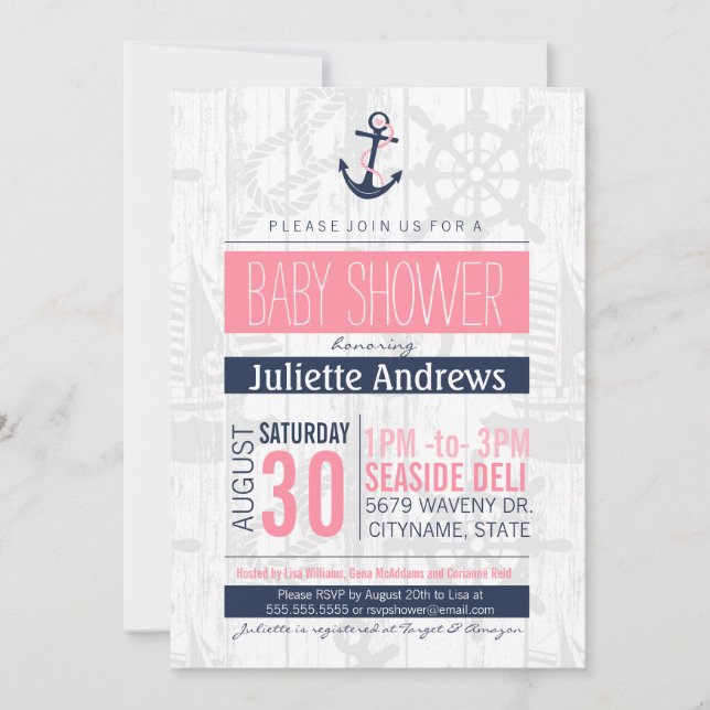 Invitation nautique de baby shower, bleu rose de (Devant)