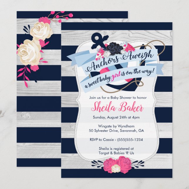 Invitation nautique de baby shower - fille (Devant / Derrière)