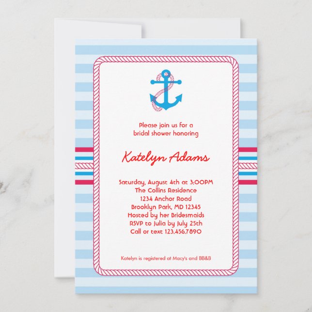 Invitation nautique de Fête de la mariée d'Ancre (Devant)