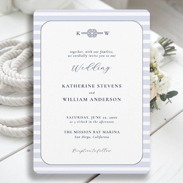 Invitation Nautique Infinity Knot Monograms Plage Mariage (beach wedding invitation nautical coastal blue stripes elegant modern infinity knot monograms)