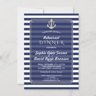Invitation Nautique Marine Blue Stripes Silver REHEARSAL DINN