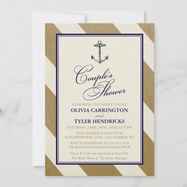 Invitation Nautique Marine & Gold Couple's Shower (Devant)