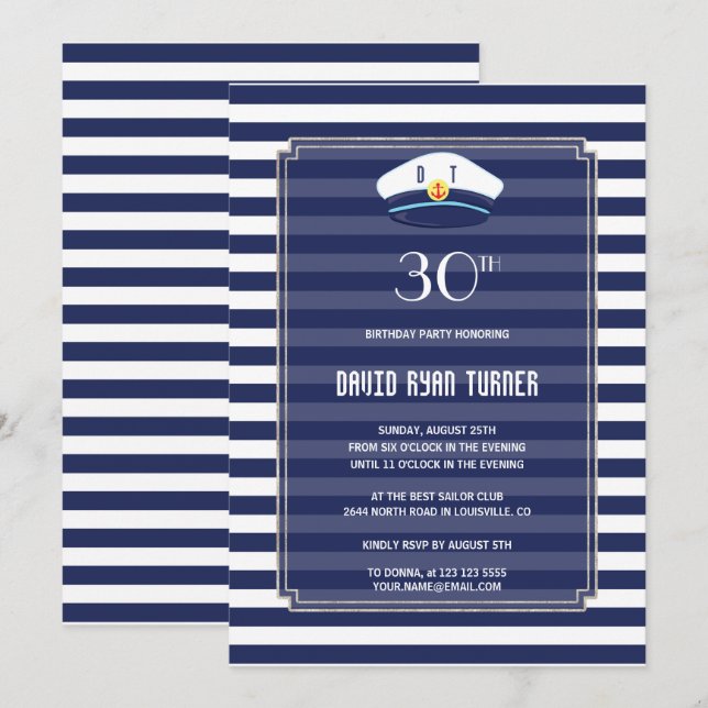 Invitation Nautique Marine Stripes Silver Man Anniversaire (Devant / Derrière)