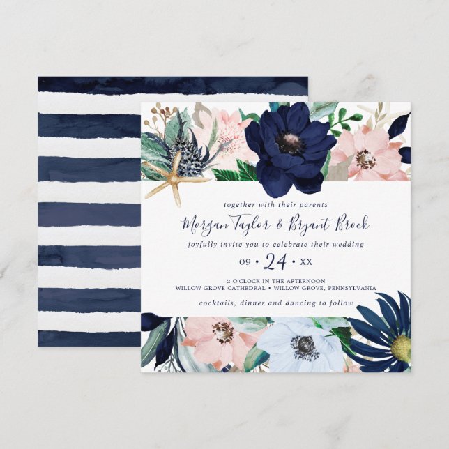 Invitation Nautique moderne | Floral Carré Mariage (Devant / Derrière)