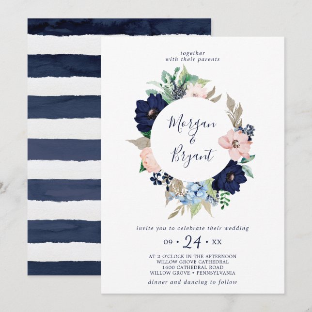 Invitation Nautique moderne | Floral Mariage de couronne (Devant / Derrière)