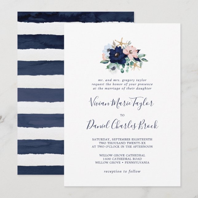 Invitation Nautique moderne | Floral Mariage traditionnel (Devant / Derrière)