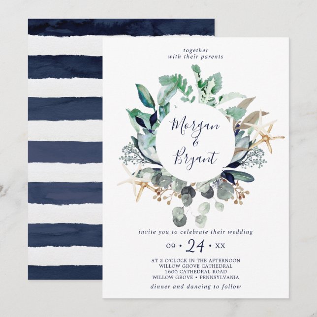 Invitation Nautique moderne | Mariage de couronnes vertes (Devant / Derrière)