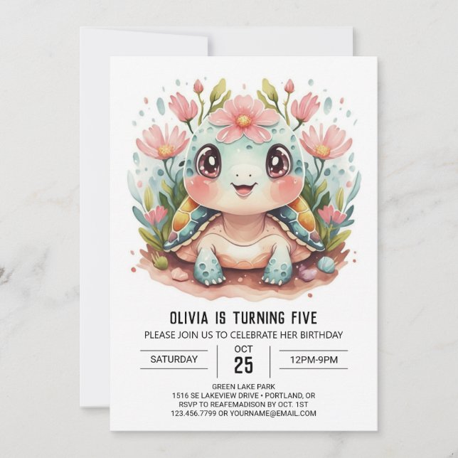 Invitation Nautique moderne tortue fille Anniversaire (Devant)