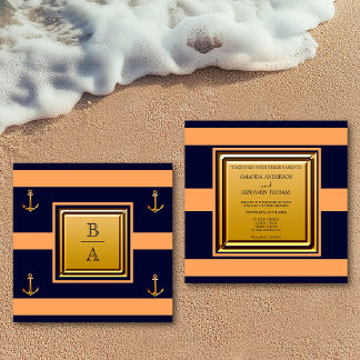 Invitation Nautique Navy Bleu Orange Rayures Ancre Mariage I