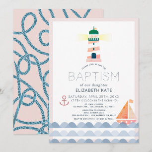 Invitation Nautique phare voilier rose fille Baptême Inv