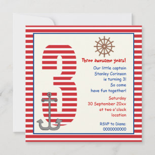 Invitation Nautique rouge, voilier blanc 3e anniversaire