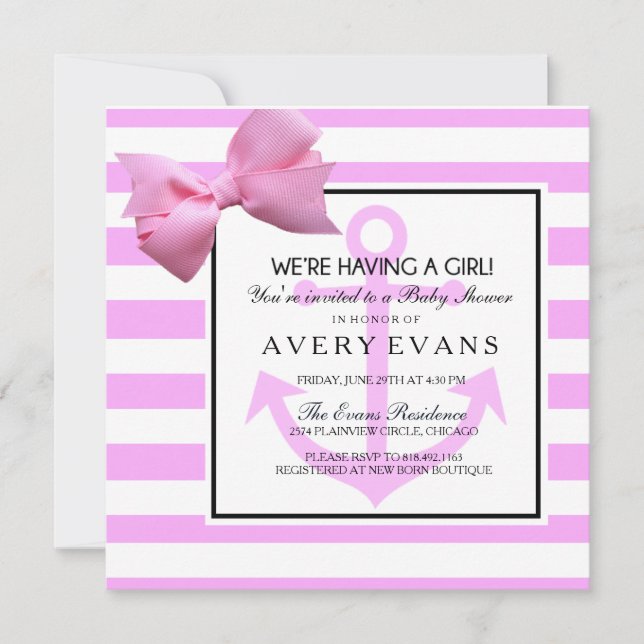 Invitation Nautique rougissent l'Ancre rose que c'est un baby (Devant)