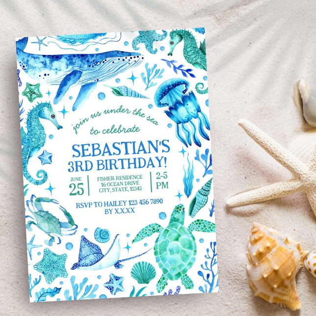 Invitation Nautique sous l'aquarelle bleu marine (Nautical Under the Sea Blue Watercolor Invitation)