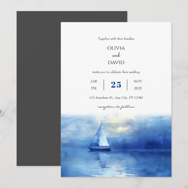 Invitation Nautique Twilight Voilier Blue Sky Beach Mariage (Devant / Derrière)