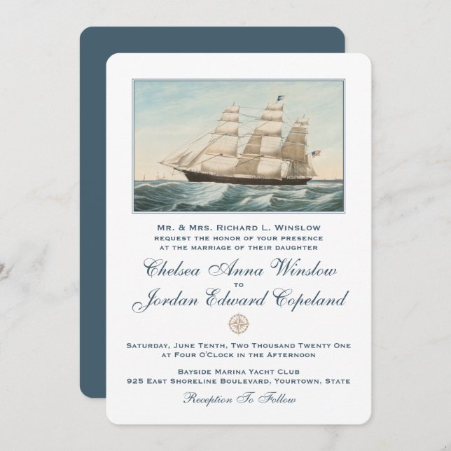 Invitation Navire Nautique Clipper | Mariage classique (Devant / Derrière)