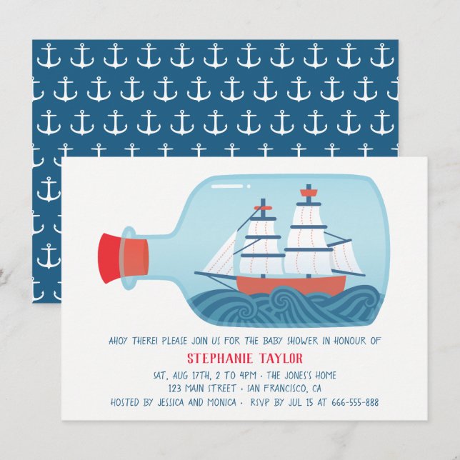 Invitation Navire Nautique Dans Une Bouteille Bébé Douche Inv (Devant / Derrière)