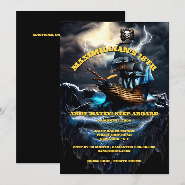 Invitation Navire pirate adultes thème fête enfants thème (Devant / Derrière)