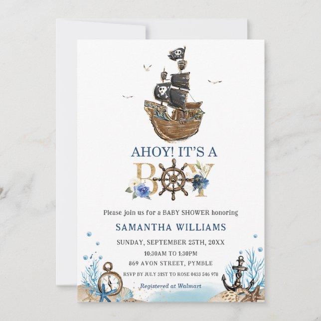 Invitation Navire pirate nautique Ahoy C'est un Baby shower g (Devant)