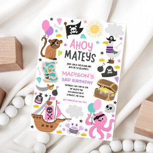 Invitation Navire Trésor Pirate Rose Fille Anniversaire