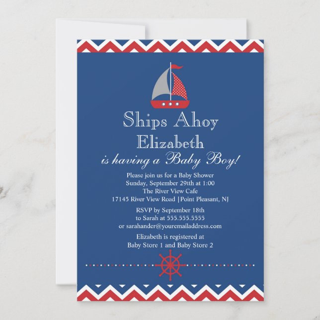 Invitation Navires Ahoy Nautical Sailboat Boy Baby shower (Devant)