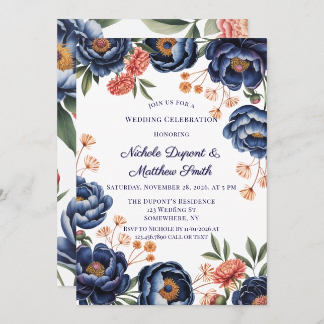 Invitation Navy and Burnt Orange Floral Wedding Celebration (Devant / Derrière)