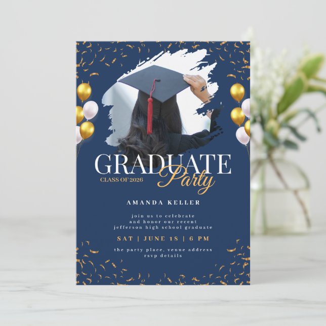Invitation Navy and Gold Graduation Party (Debout devant)
