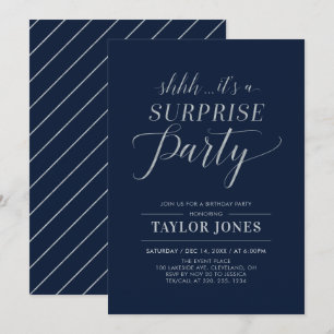 Invitation Navy & Argent Fête d'anniversaire surprise moder