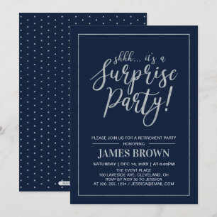 Invitation Navy & Argent   Fête de Retraite Moderne Surprise