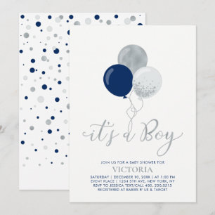 Invitation Navy & Ballons Argentés C'est un Garçon Baby Sho