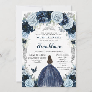 Invitation Navy Bébé Bleu Floral Vintage Argent Quinceanera