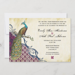 Invitation Navy & Berry Berry Elegant Damask Peacock Mariage