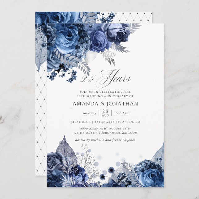 Invitation Navy & Blanc Argenté 25e Anniversaire de Mariage (Devant / Derrière)