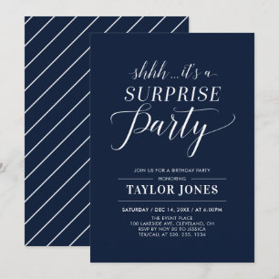Invitation Navy & Blanc Moderne Fête d'anniversaire surpris