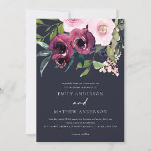 INVITATION NAVY BLEU CLAIR BOURGOGNE FLORAL BOUQUET MARIAGE