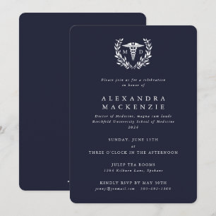 Invitation Navy bleu foncé Caducée de MD + Couronne de laurie