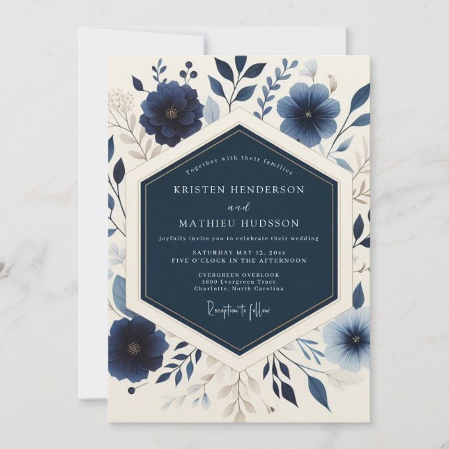 Invitation Navy Blooming Botanical Wedding (Devant)