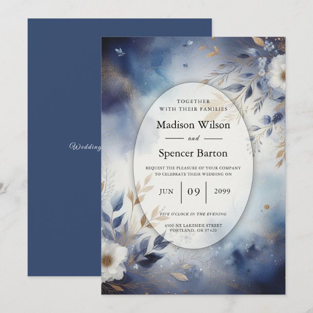 Invitation Navy Blue and Gold Floral Wedding (Devant / Derrière)