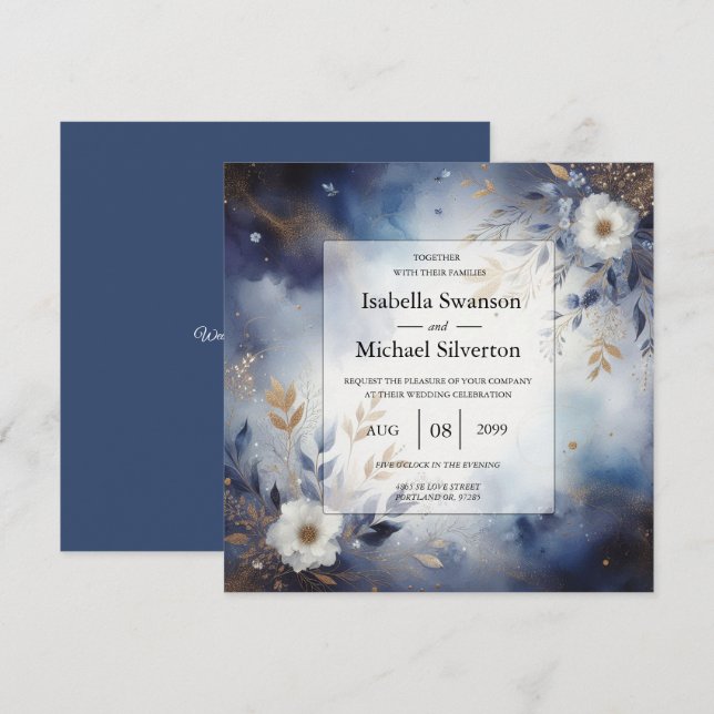 Invitation Navy Blue and Gold Floral Wedding  (Devant / Derrière)