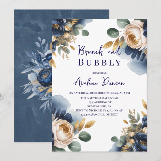 Invitation Navy Blue and Gold Peony Brunch and Bubbly (Devant / Derrière)