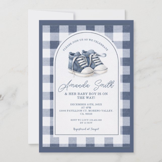 Invitation Navy Blue BabShoes Gingham Baby Shower Invitation, (Devant)