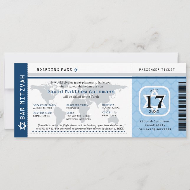 Invitation Navy Blue Bar Mitzvah World Traveller Boarding Pas (Devant)