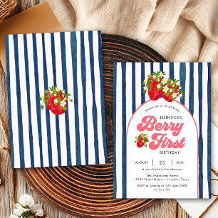 Invitation Navy Blue Blanc Rayures Fête Strawberry 1er Annive