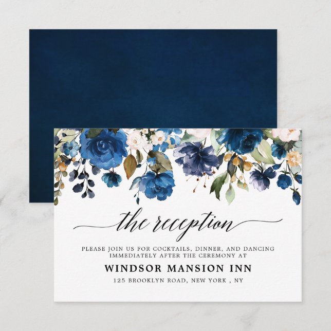 Invitation Navy Blue Blush Aquarelle Floral Réception Détail (Devant / Derrière)