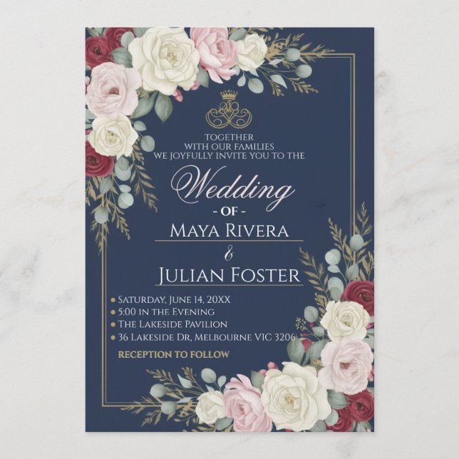 Invitation Navy Blue Blush Burgundy Floral Gold Frame Wedding (Devant)