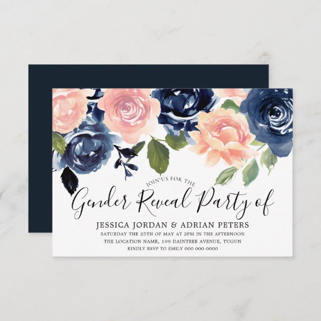 Invitation Navy Blue Blush rose Fleurs Parti de révélation de (Devant / Derrière)